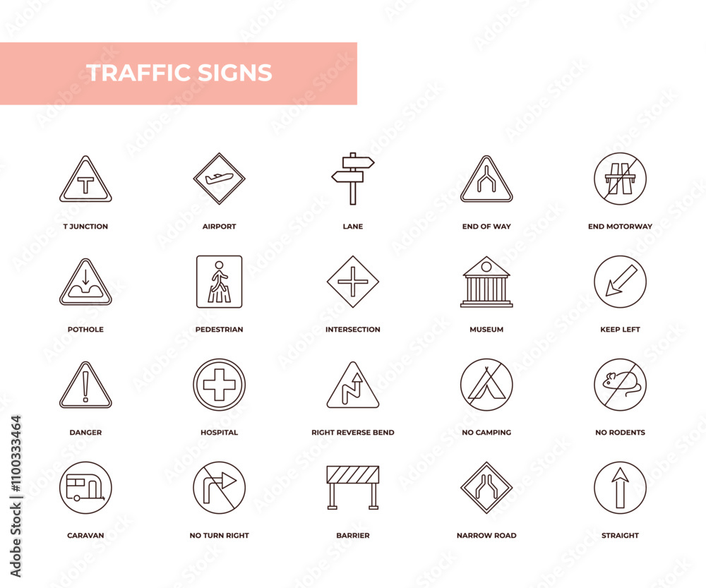 Poster fully editable outline icon collection from traffic signs concept. thin line icons set such as t jun