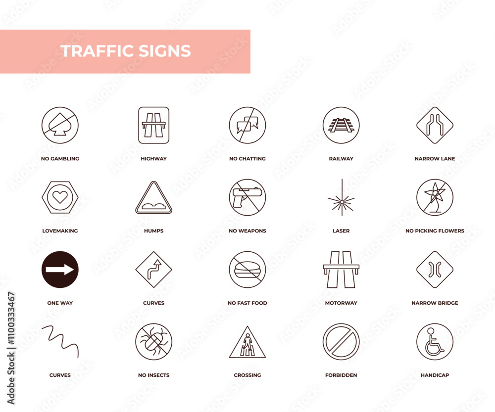 Poster fully editable outline icon collection from traffic signs concept. thin line icons set such as no ga