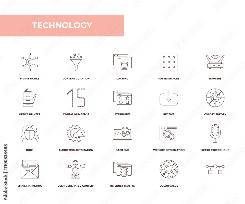 Poster fully editable outline icon collection from technology concept. thin line icons set such as framewor