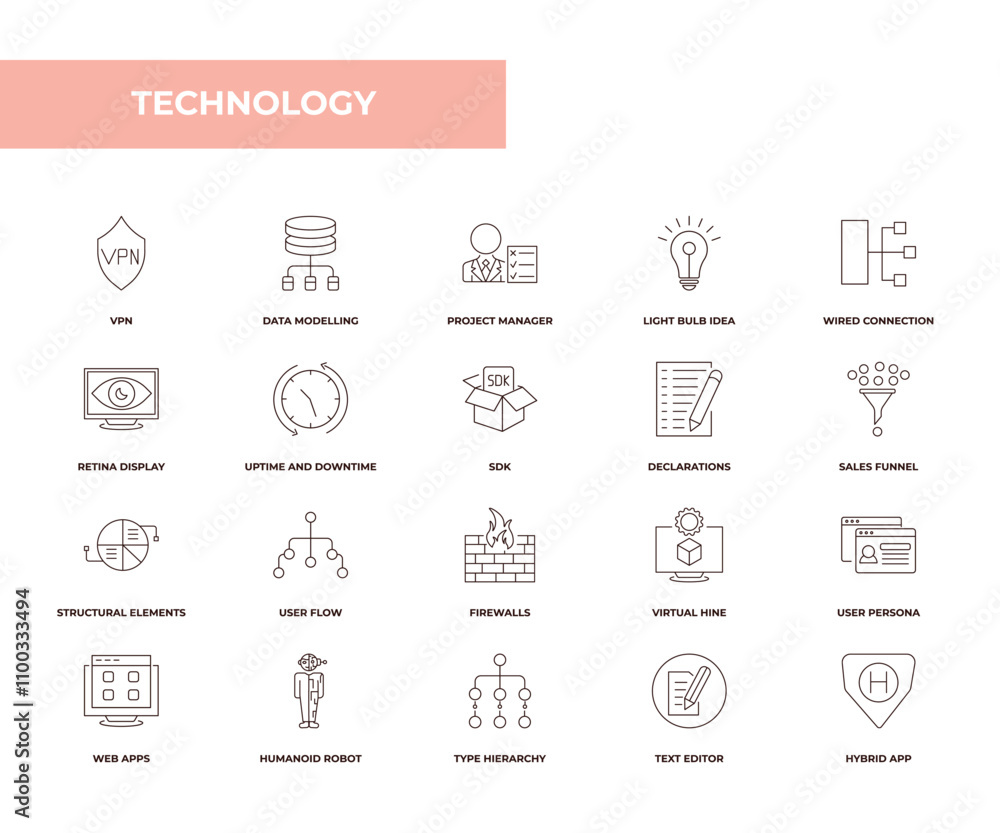 Poster fully editable outline icon collection from technology concept. thin line icons set such as vpn, dat