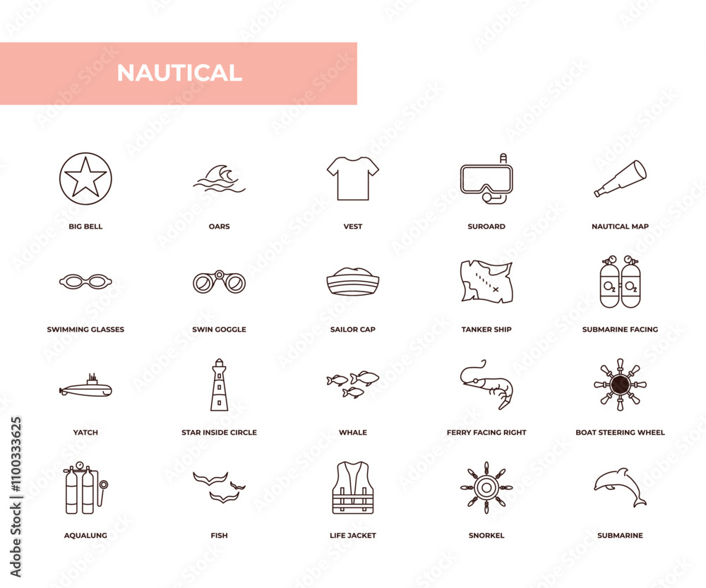Poster fully editable outline icon collection from nautical concept. thin line icons set such as big bell, 