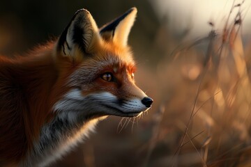 Fototapeta premium A fox is standing in a field of tall grass