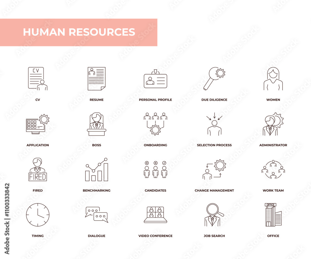 Poster fully editable outline icon collection from human resources concept. thin line icons set such as cv,