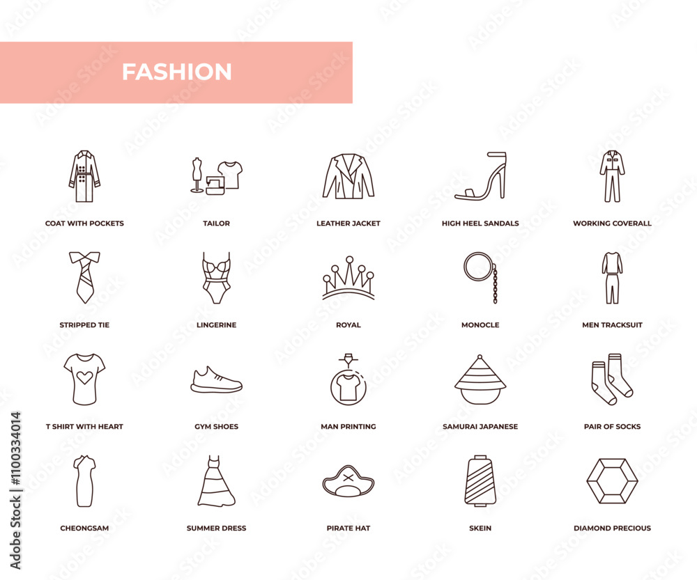 Poster fully editable outline icon collection from fashion concept. thin line icons set such as coat with p