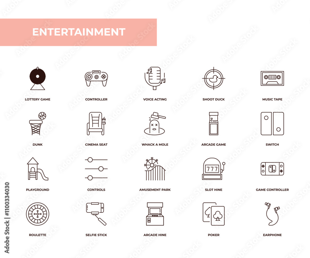 Poster fully editable outline icon collection from entertainment concept. thin line icons set such as lotte