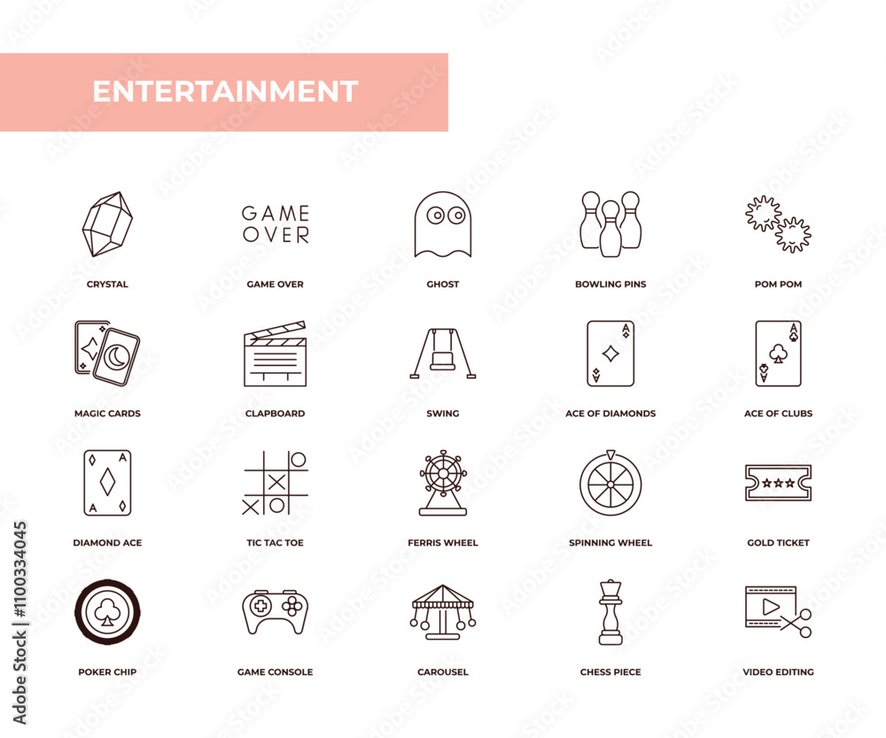 Poster fully editable outline icon collection from entertainment concept. thin line icons set such as cryst