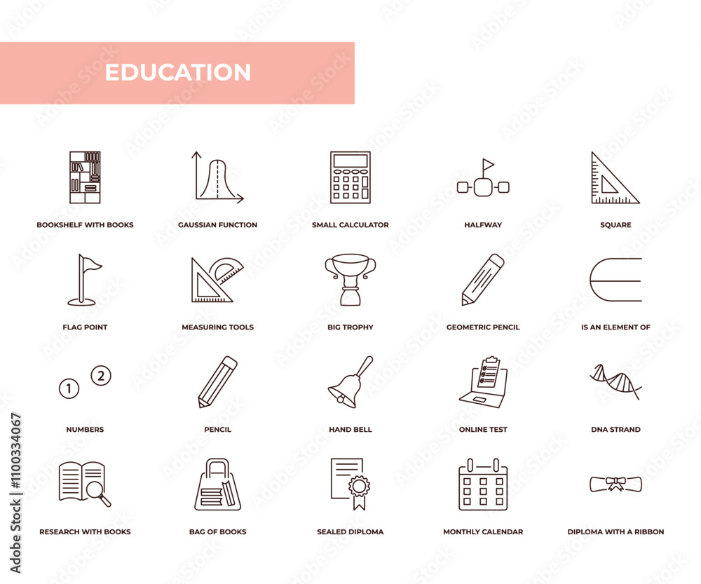 Poster fully editable outline icon collection from education concept. thin line icons set such as bookshelf