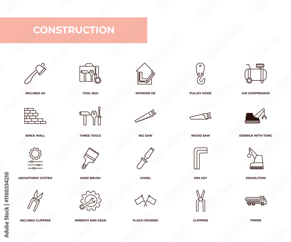 Poster fully editable outline icon collection from construction concept. thin line icons set such as inclin