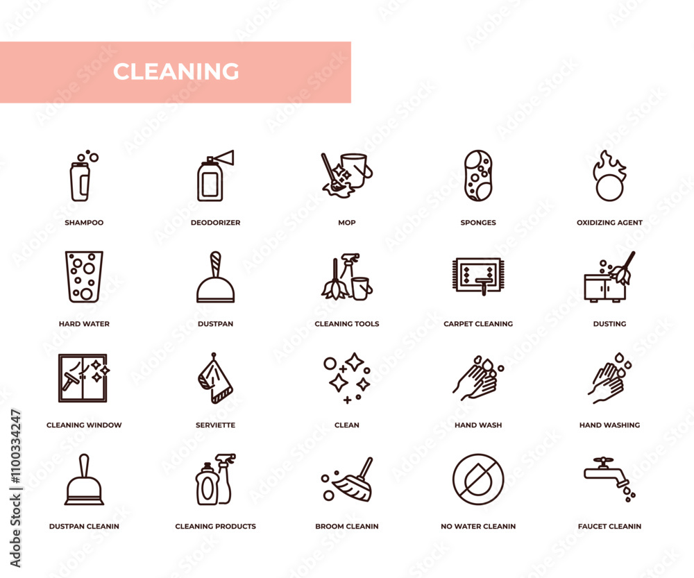 Poster fully editable outline icon collection from cleaning concept. thin line icons set such as shampoo, d