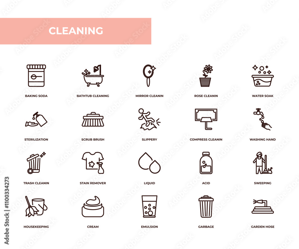 Poster fully editable outline icon collection from cleaning concept. thin line icons set such as baking sod