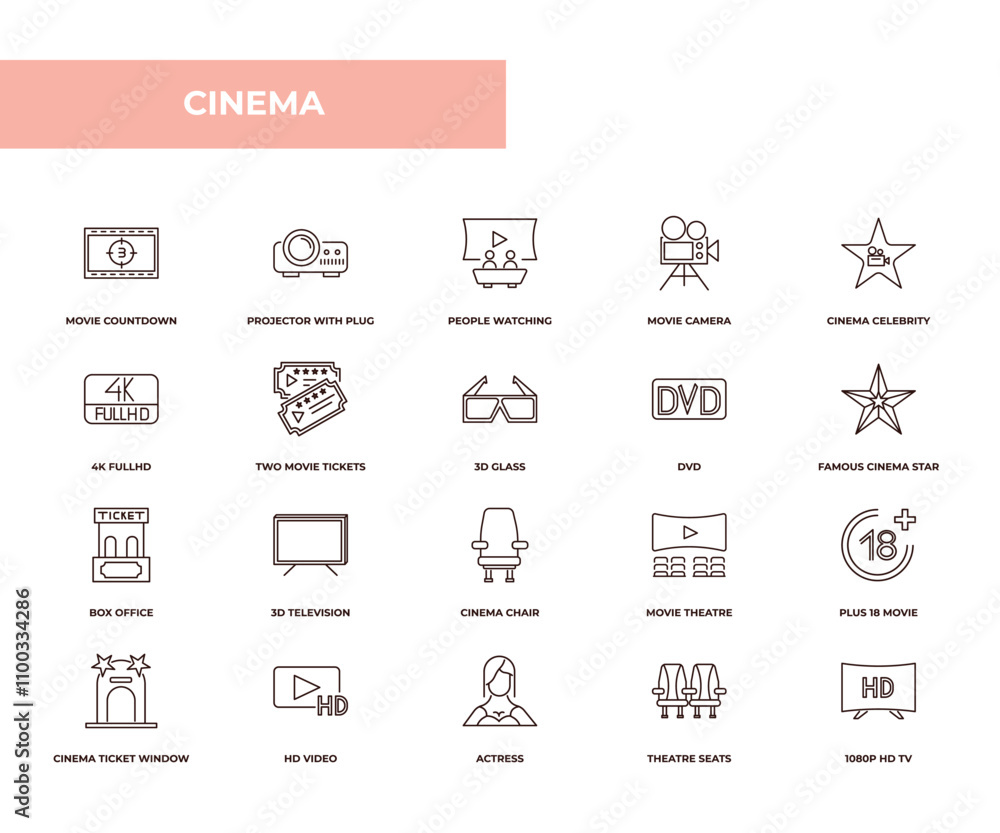 Poster fully editable outline icon collection from cinema concept. thin line icons set such as movie countd