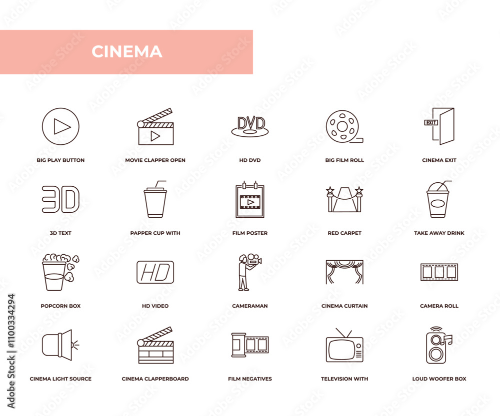 Poster fully editable outline icon collection from cinema concept. thin line icons set such as big play but