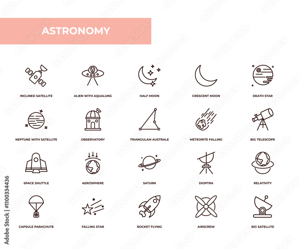 Poster fully editable outline icon collection from astronomy concept. thin line icons set such as inclined 