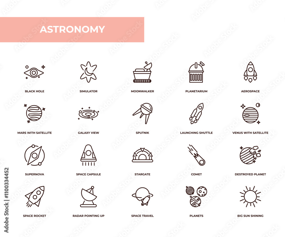 Poster fully editable outline icon collection from astronomy concept. thin line icons set such as black hol