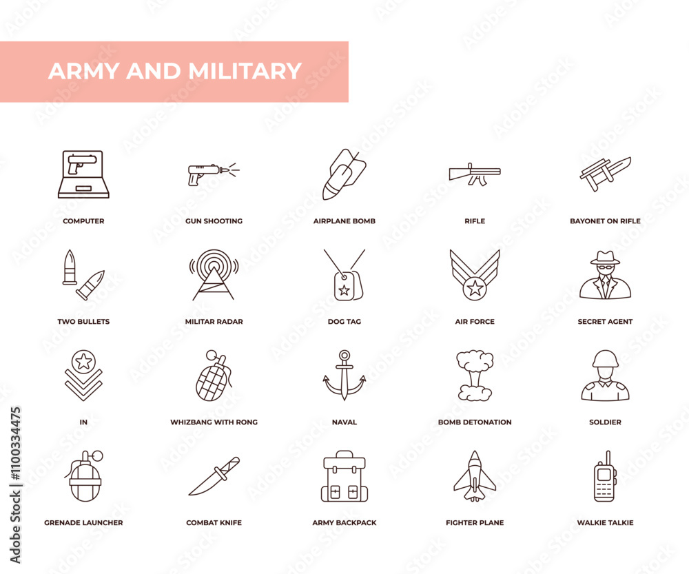 Poster fully editable outline icon collection from army and military concept. thin line icons set such as c