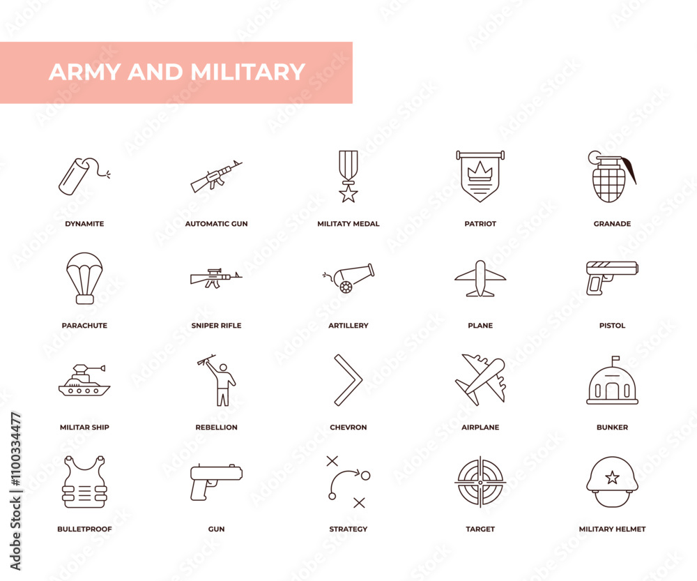 Poster fully editable outline icon collection from army and military concept. thin line icons set such as d