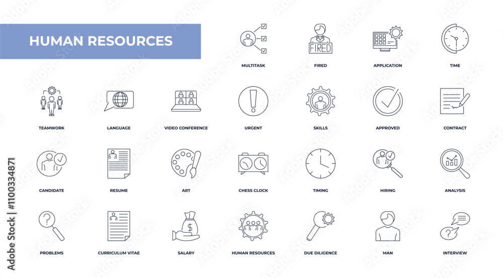 Poster fully editable outline icon collection from human resources concept. thin line icons set such as mul
