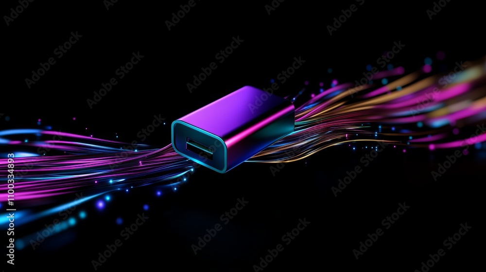 Poster a sleek, futuristic usb-c adapter with vibrant, flowing data streams in a dark background.