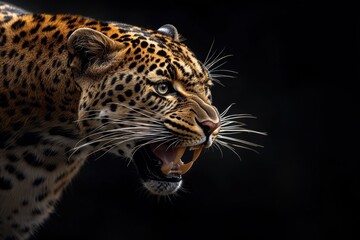 Fototapeta premium A leopard is shown with its mouth open and teeth bared