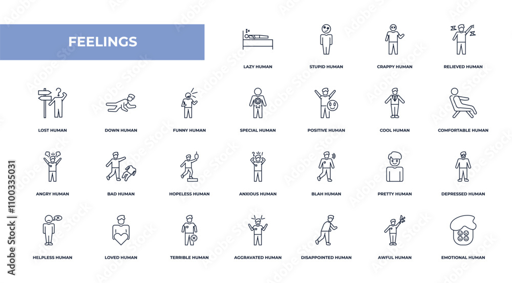 Poster fully editable outline icon collection from feelings concept. thin line icons set such as lazy human