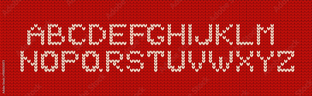 Fototapete knitted alphabet objects vector illustrations set on red background. white latin letters for craftin