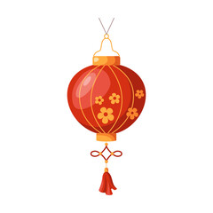 Red Asian lantern with flowers and tinsel flat color vector object. Traditional festive paper lamp with floral decor illustration on white