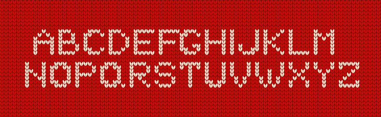 Knitted alphabet objects vector illustrations set on red background. White Latin letters for crafting decorations elements collection