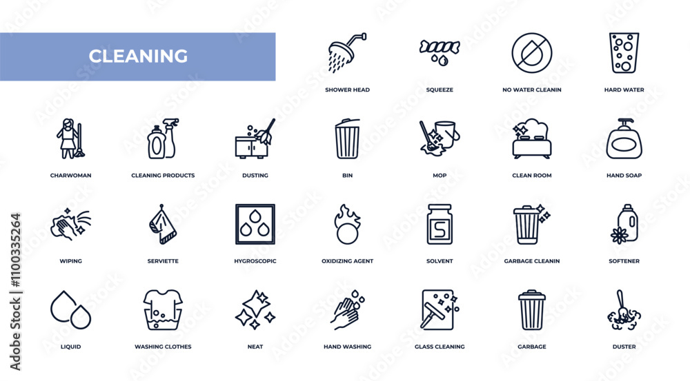 Poster fully editable outline icon collection from cleaning concept. thin line icons set such as shower hea