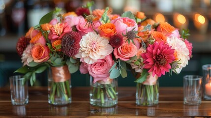 Obraz premium Floral arrangements showcasing vibrant blooms in elegant vases, perfect for a joyful celebration. Generative AI