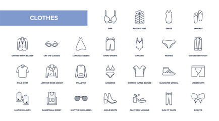 fully editable outline icon collection from clothes concept. thin line icons set such as bra, padded vest, cat eye glasses, slim fit pants, bow tie,