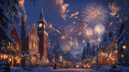 Obraz premium A winter village scene illuminated by fireworks, featuring snow-covered buildings and festive lights.