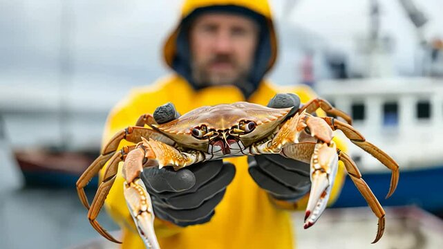 A middle-aged Caucasian man in a yellow raincoat proudly displays a large crab on a fishing boat, symbolizing maritime traditions and seafood festivals