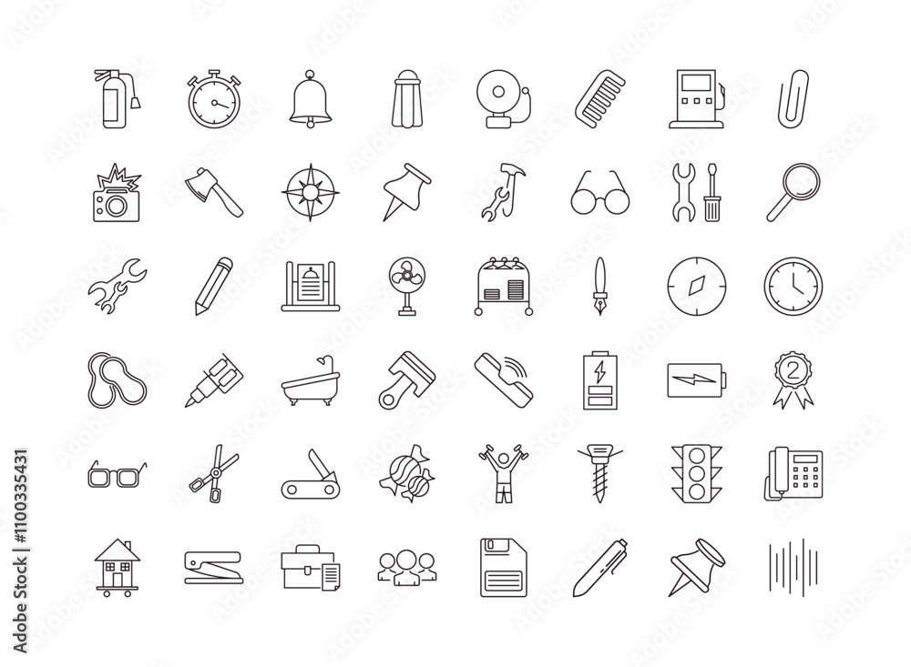 Poster fully editable outline icon collection from tools concept. thin line icons set such as flame extingu