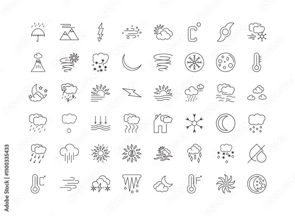 Poster fully editable outline icon collection from weather concept. thin line icons set such as umbrella, a