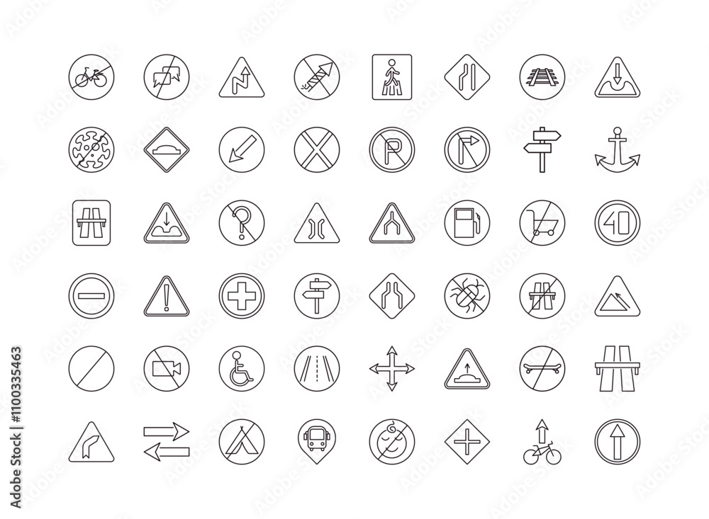 Poster fully editable outline icon collection from traffic signs concept. thin line icons set such as no bi