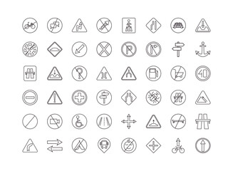 fully editable outline icon collection from traffic signs concept. thin line icons set such as no bicycle, no chatting, narrow lane, cycle lane, ahead only,