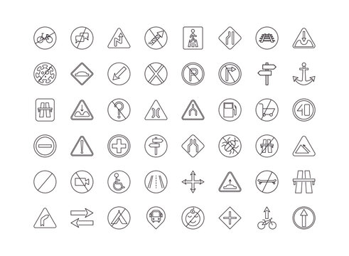 fully editable outline icon collection from traffic signs concept. thin line icons set such as no bicycle, no chatting, narrow lane, cycle lane, ahead only,