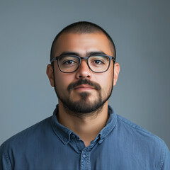 Passport photo of a shaved man wearing glasses.