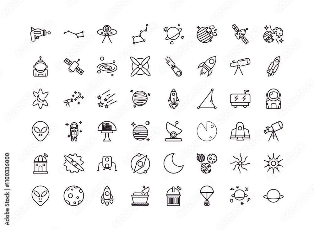 Poster fully editable outline icon collection from astronomy concept. thin line icons set such as space gun