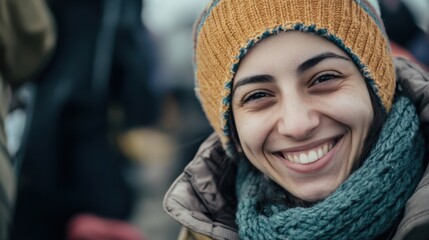 The compassionate smile of a volunteer at a refugee shelter, Expressing empathy amidst humanitarian aid, photography style