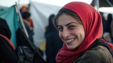 The compassionate smile of a volunteer at a refugee shelter, Expressing empathy amidst humanitarian aid, photography style