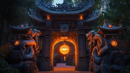 Fototapeta premium A beautifully lit ornate entrance gate with dragon sculptures, surrounded by lush greenery.