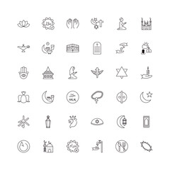 Fototapeta premium fully editable outline icon collection from religion concept. thin line icons set such as buddhism, halal, fajr dawn prayer, ramadan fasting, crown of thorns,