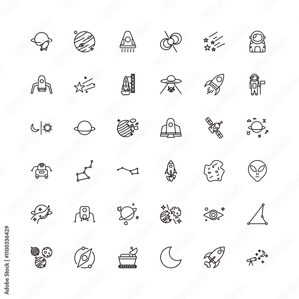 Poster fully editable outline icon collection from astronomy concept. thin line icons set such as space tra