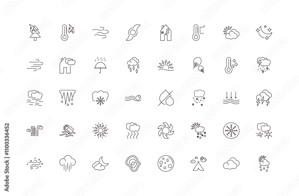 Poster fully editable outline icon collection from weather concept. thin line icons set such as wildfire, w