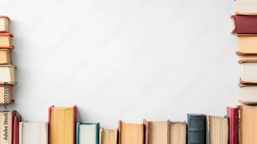 Leinwandbilder a collection of books from various genres is neatly arranged on a white surface, inviting exploratio