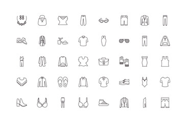 fully editable outline icon collection from clothes concept. thin line icons set such as jewelry, bucket bag, hooded jacket, one shoulder dress, denim shorts,