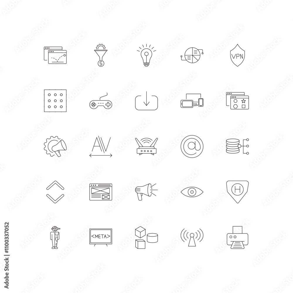 Poster fully editable outline icon collection from technology concept. thin line icons set such as bounce r