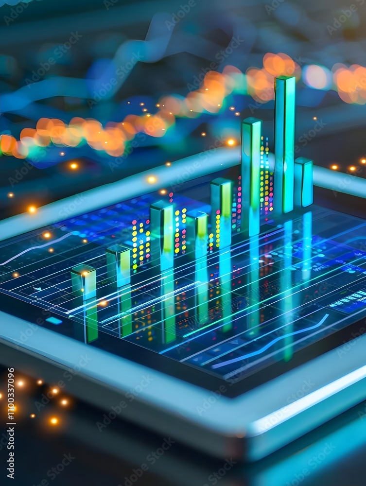 Poster a digital tablet displaying vibrant financial data and analytics graphs.