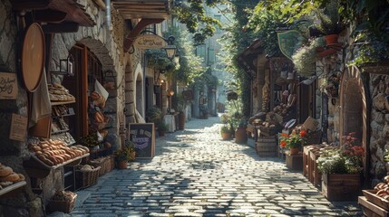 Obraz premium Sunlit cobblestone street with artisan shops and bakery.